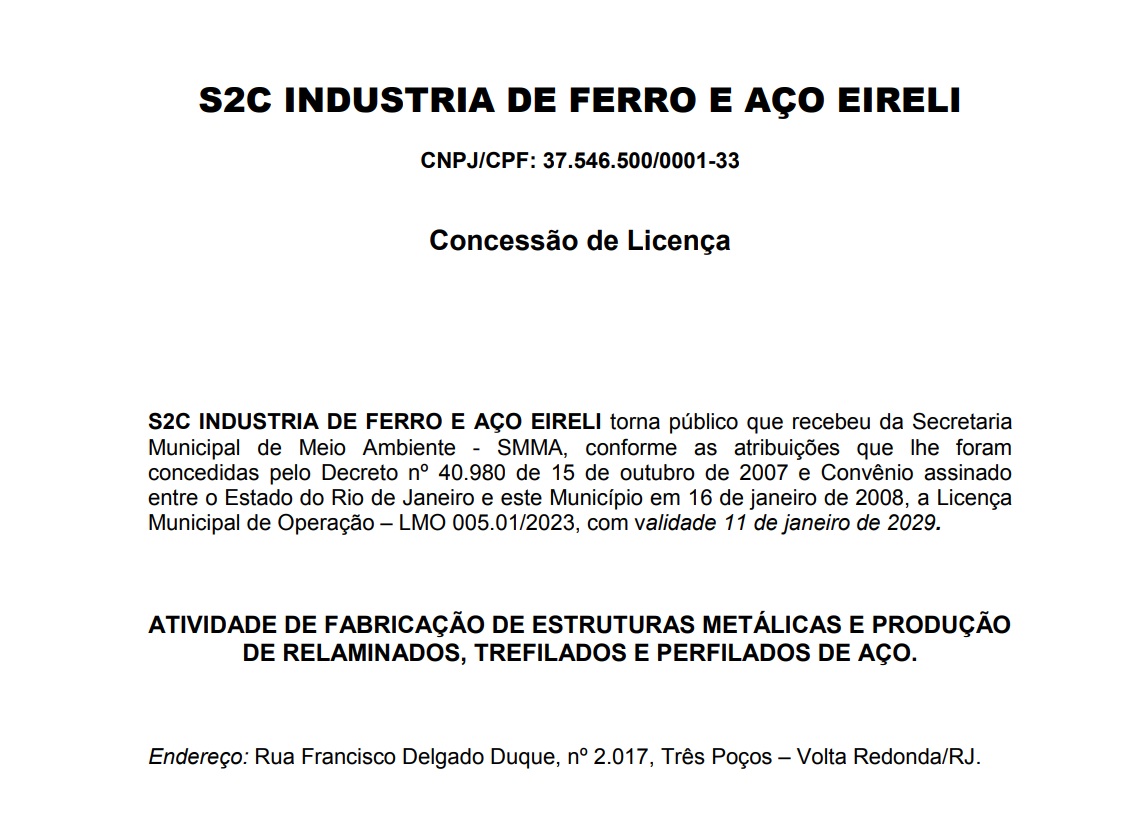 PUBLICAÇÃO – LMO 005.01/2023 (S2C INDUSTRIA DE FERRO E AÇO EIRELI)