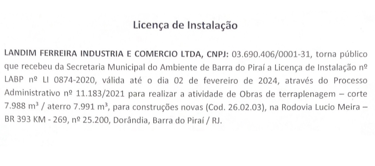 LICENÇA DE INSTALAÇÃO: LI 0874-2020