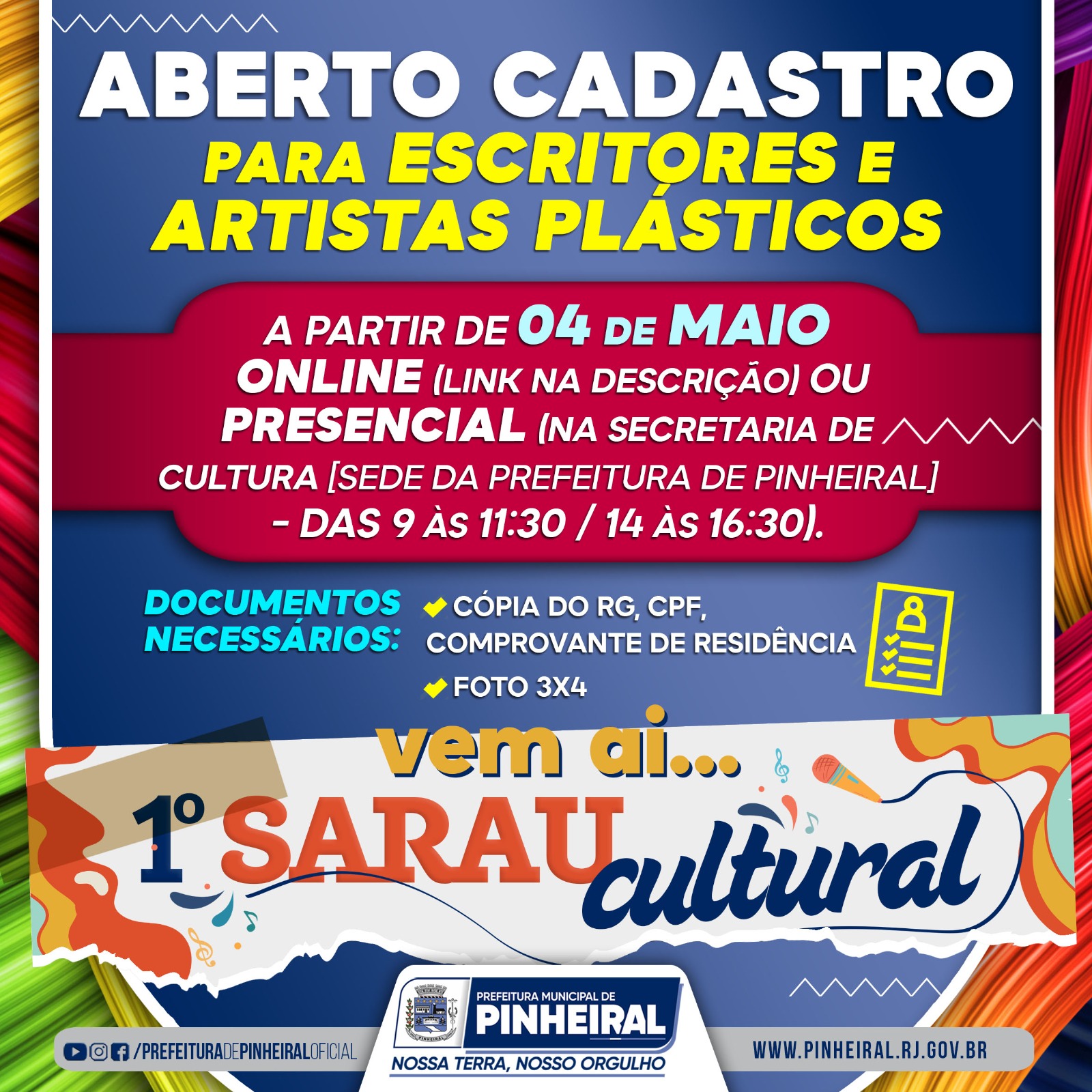 Prefeitura de Pinheiral abre inscrições para cadastro de escritores e artistas plásticos