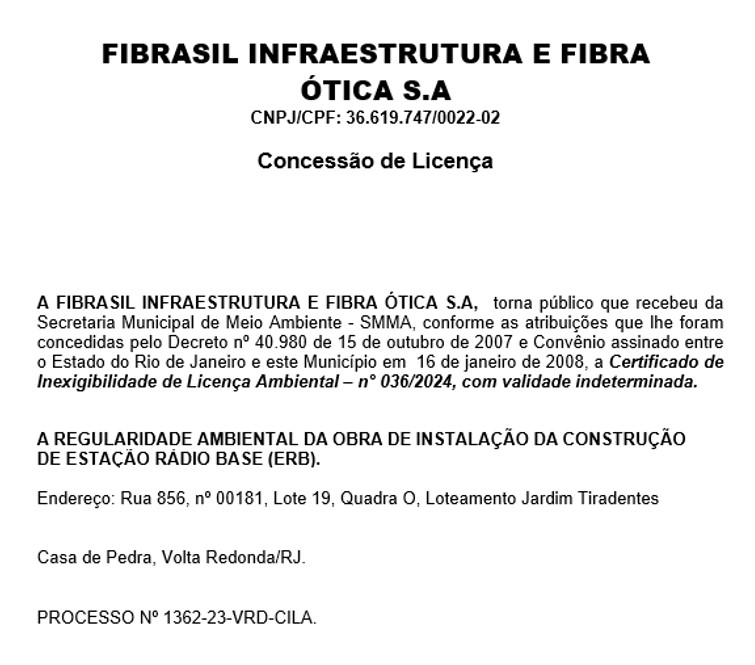 Publicação de Certificado de Inexigibilidade de Licença Ambiental nº 036/2024