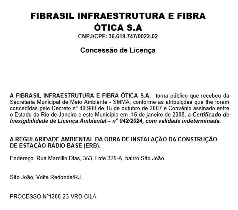 Publicação de Certificado de Inexigibilidade de Licença Ambiental nº 042/2024