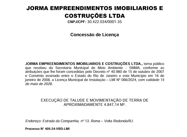 Publicação de Licença Municipal de Instalação
