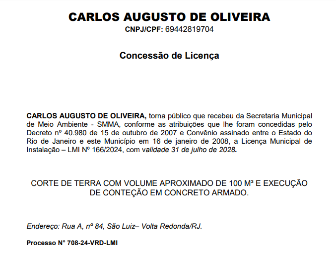 Publicação de Licença Municipal de Instalação
