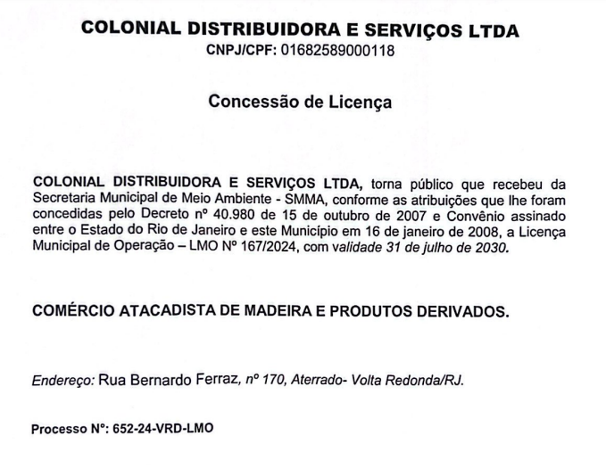 Publicação de Licença Municipal de Operação